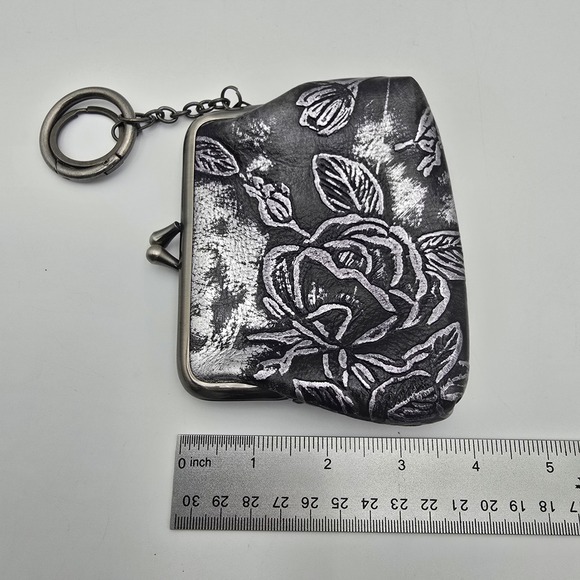 Patricia Nash Black Leather Floral Kiss Lock Coin Pouch Keychain - Picture 4 of 6